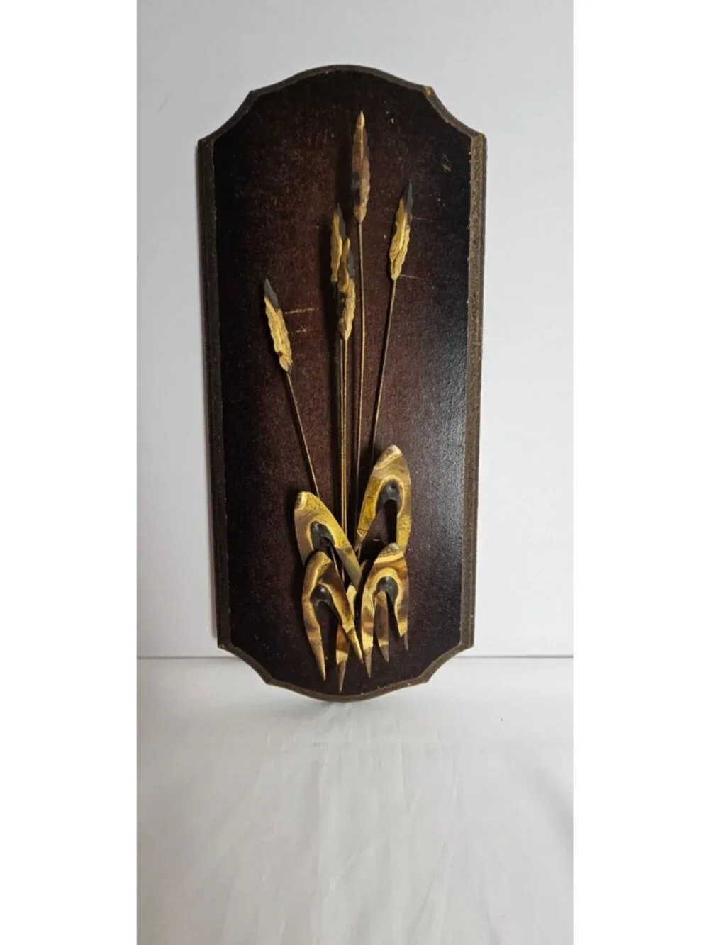 Vintage MCM Wall Plaque Brutalist Brass Sea Oats Botanical Metal Art 17.75